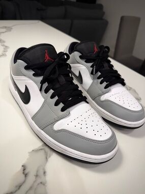 Jordan 1 Low White, Light Gray, Black with Red Accent